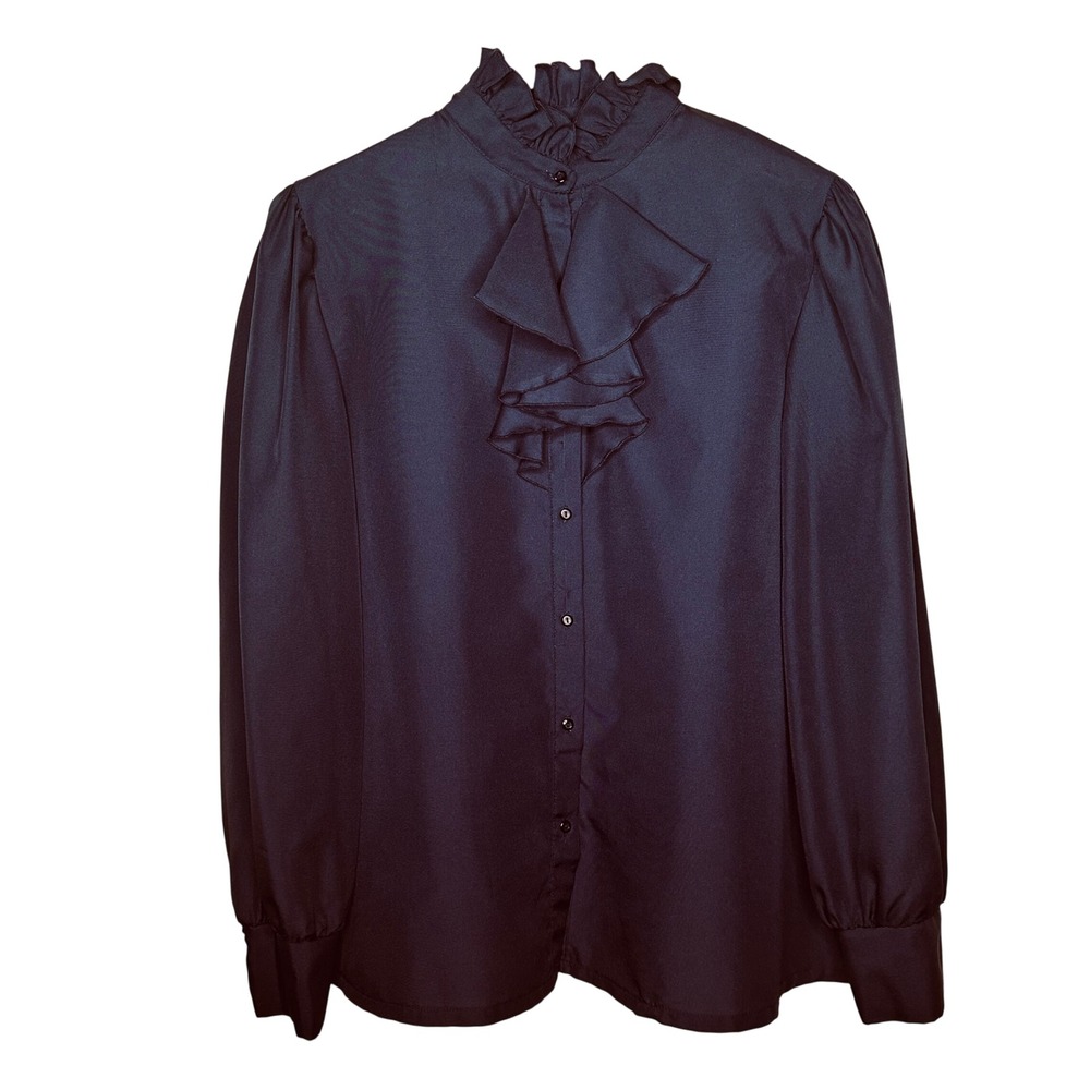 Vintage Ms Bond Judy Bond Black Ruffle Neck Jabot Blouse Puff Sleeve Size 38